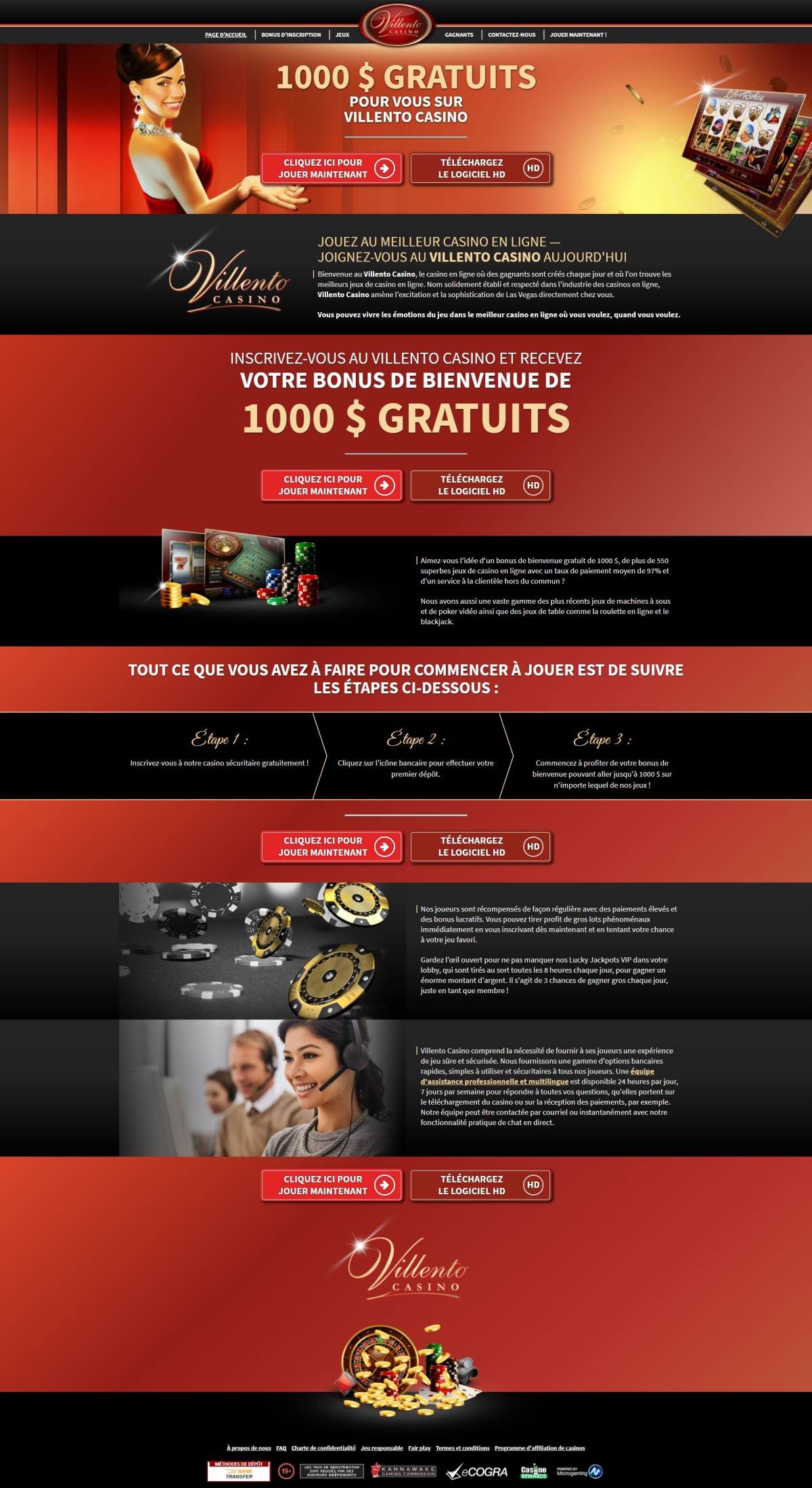 Bienvenue au Villento Casino, le casino en ligne o des gagnants sont crs chaque jour et o l'on trouve les meilleurs jeux de casino en ligne. Nom solidement tabli et respect dans l'industrie des casinos en ligne, Villento Casino amne l'excitation et la sophistication de Las Vegas directement chez vous. Vous pouvez vivre les motions du jeu dans le meilleur casino en ligne o vous voulez, quand vous voulez. Aimez-vous l'ide de plus de 550 superbes jeux de casino en ligne avec un taux de paiement moyen de 97% et d'un service  la clientle hors du commun ? Ils ont aussi une vaste gamme des plus rcents jeux de machines  sous et de poker vido ainsi que des jeux de table comme la roulette en ligne et le blackjack. Villento Casino comprend la ncessit de fournir  ses joueurs une exprience de jeu sre et scurise. Ils fournissent une gamme d'options bancaires rapides, simples  utiliser et scuritaires  tous leurs joueurs. Une quipe d'assistance professionnelle et multilingue est disponible 24 heures par jour, 7 jours par semaine pour rpondre  toutes vos questions. Nattendez plus, tentez votre chance sur Villento Casino !